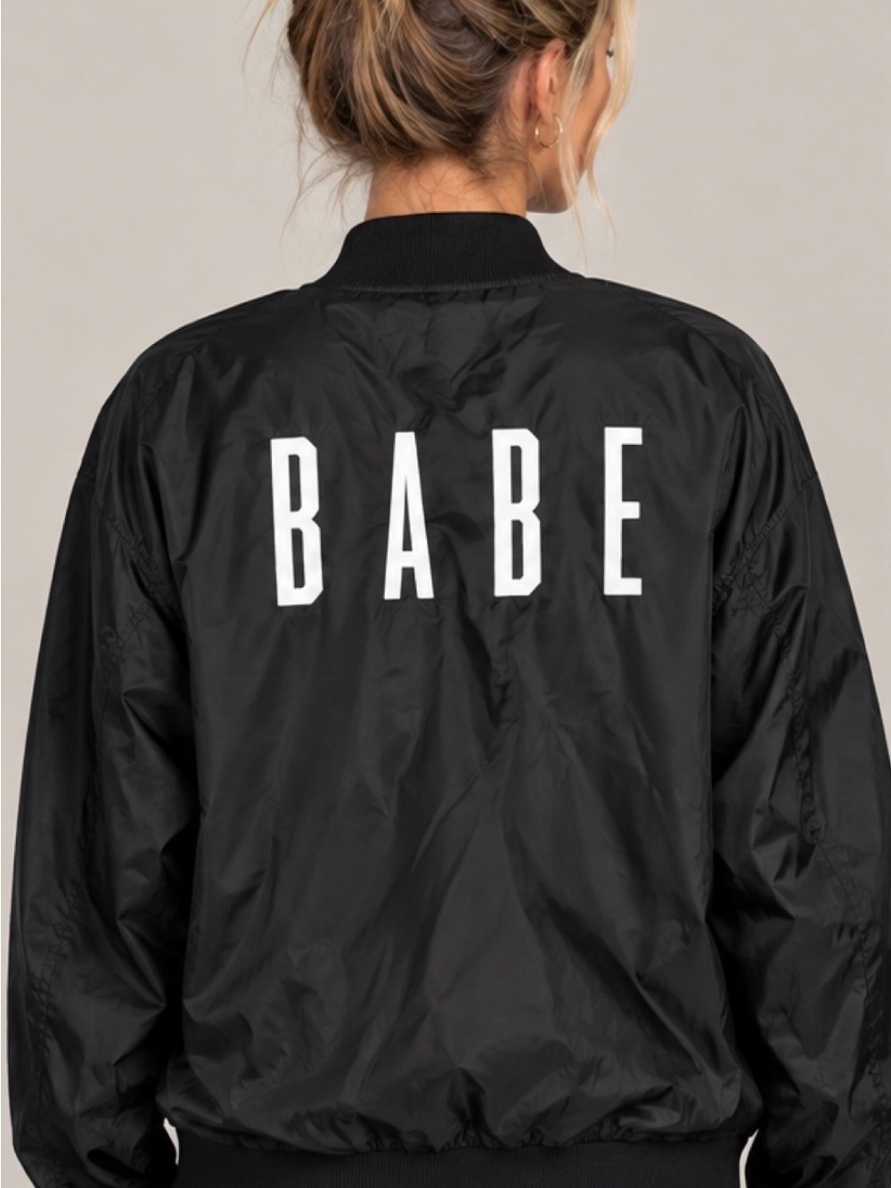 Babe Bomber Jacket Women size Medium Black Light Weight Thin Windbreaker Top